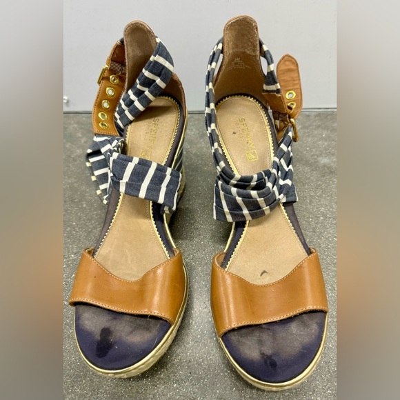 Sperry Top Sider Aurora Blue White Cross Striped Leather Wedge Sandals Size 8 - Picture 8 of 15